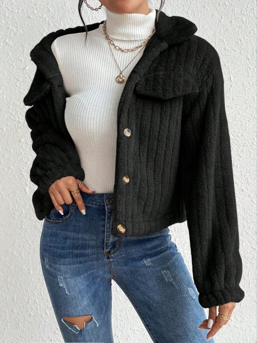 Fuzzy Button Up Collared Neck Jacket - Outerwear