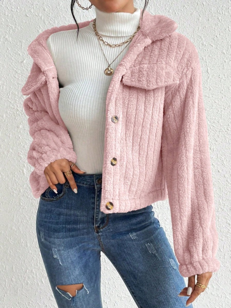 Fuzzy Button Up Collared Neck Jacket - Outerwear