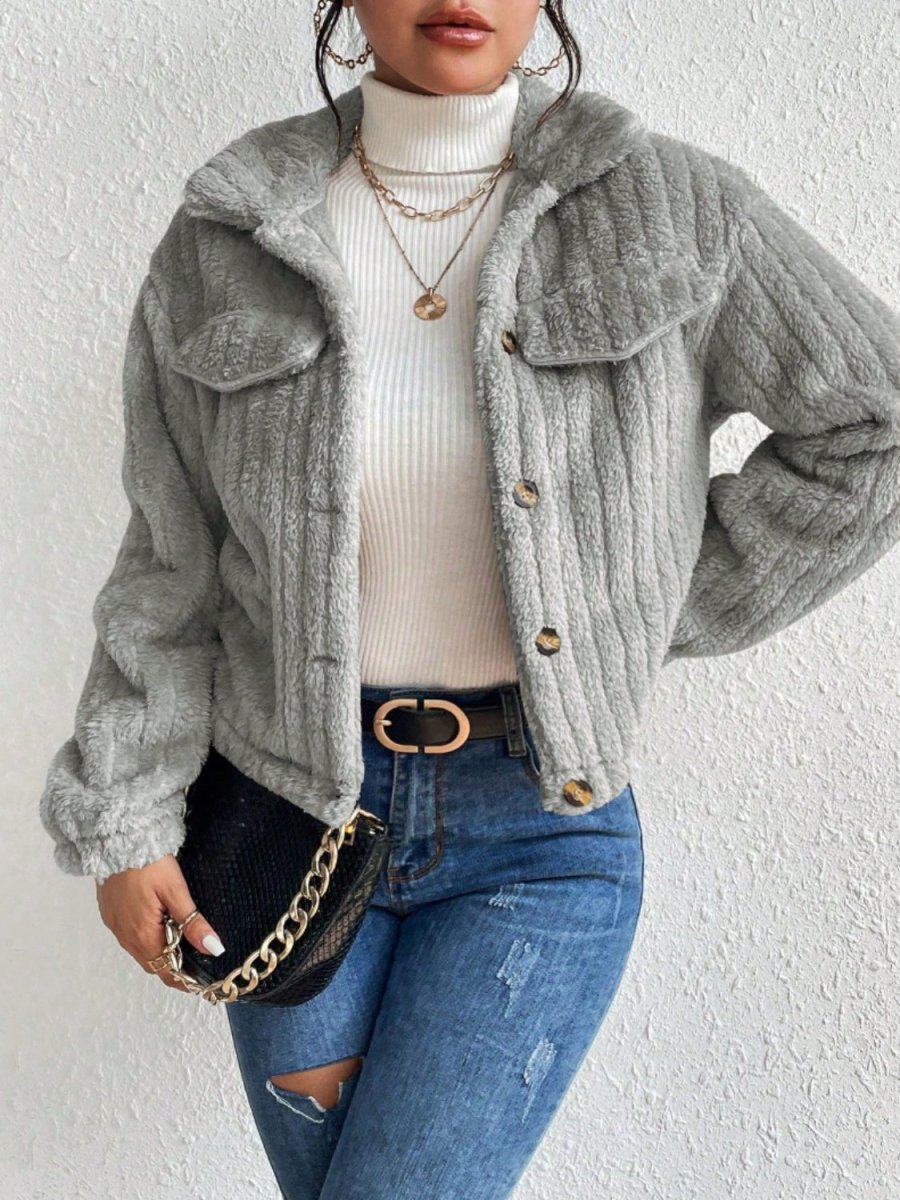 Fuzzy Button Up Collared Neck Jacket - Outerwear