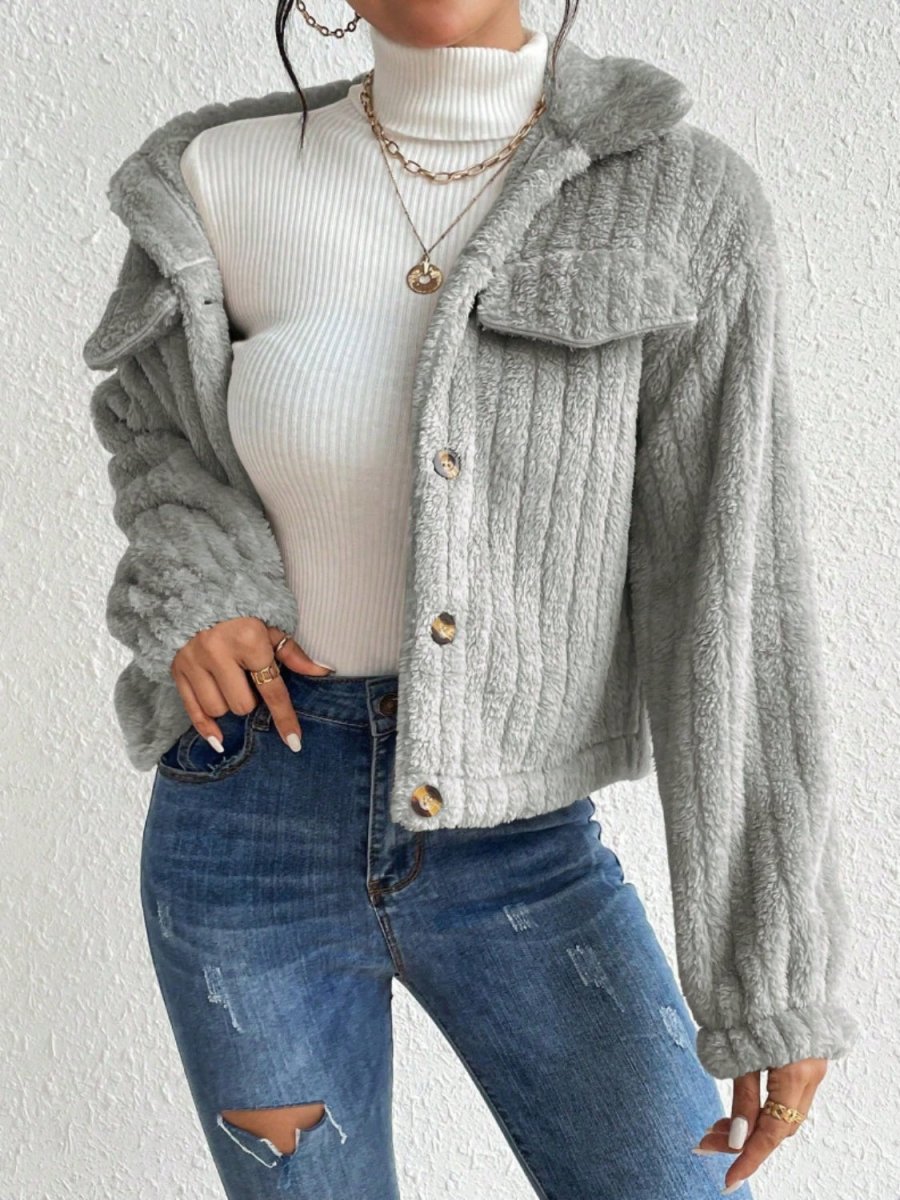 Fuzzy Button Up Collared Neck Jacket - Outerwear