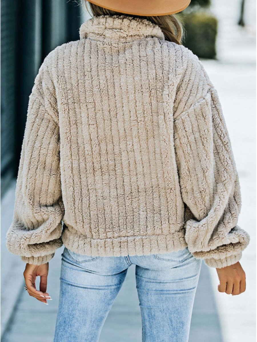 Fuzzy Button Up Collared Neck Jacket - Outerwear