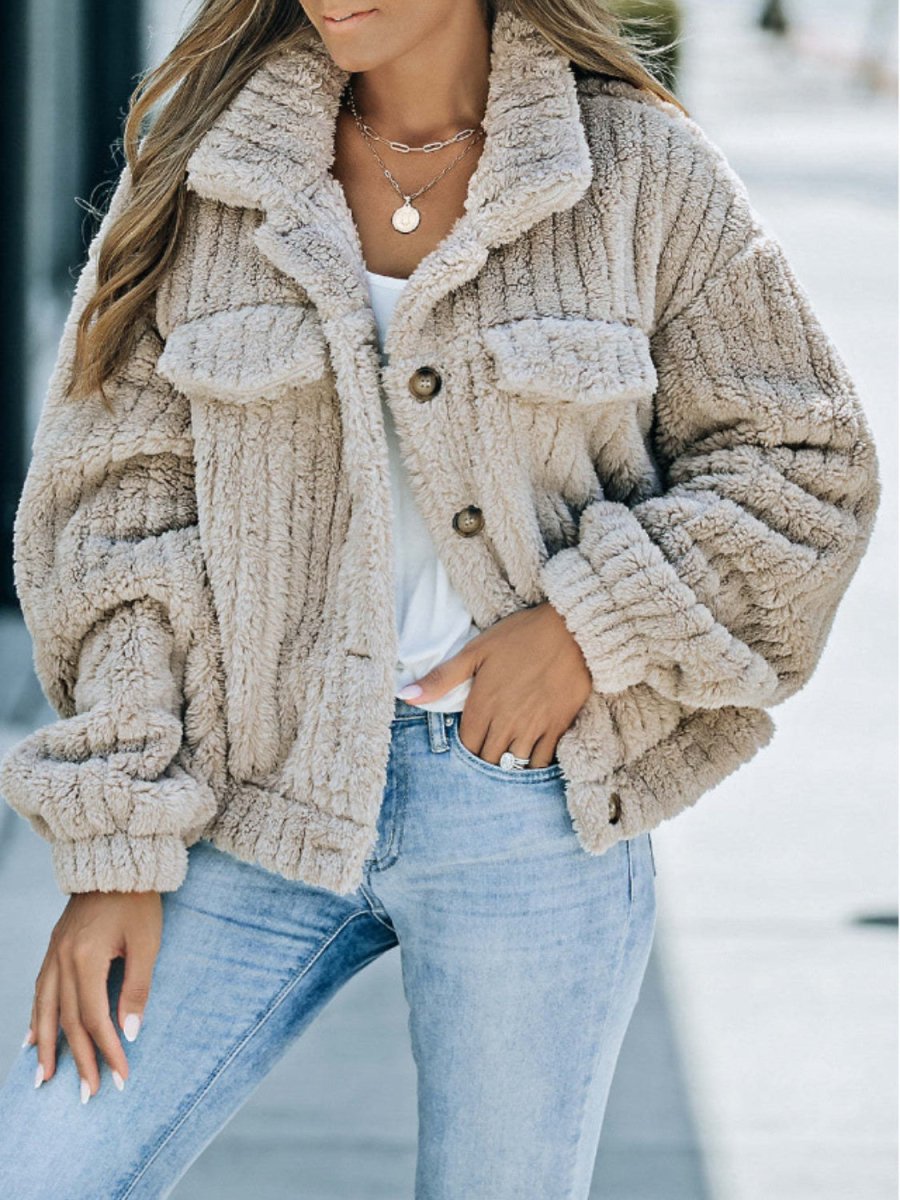 Fuzzy Button Up Collared Neck Jacket - Outerwear