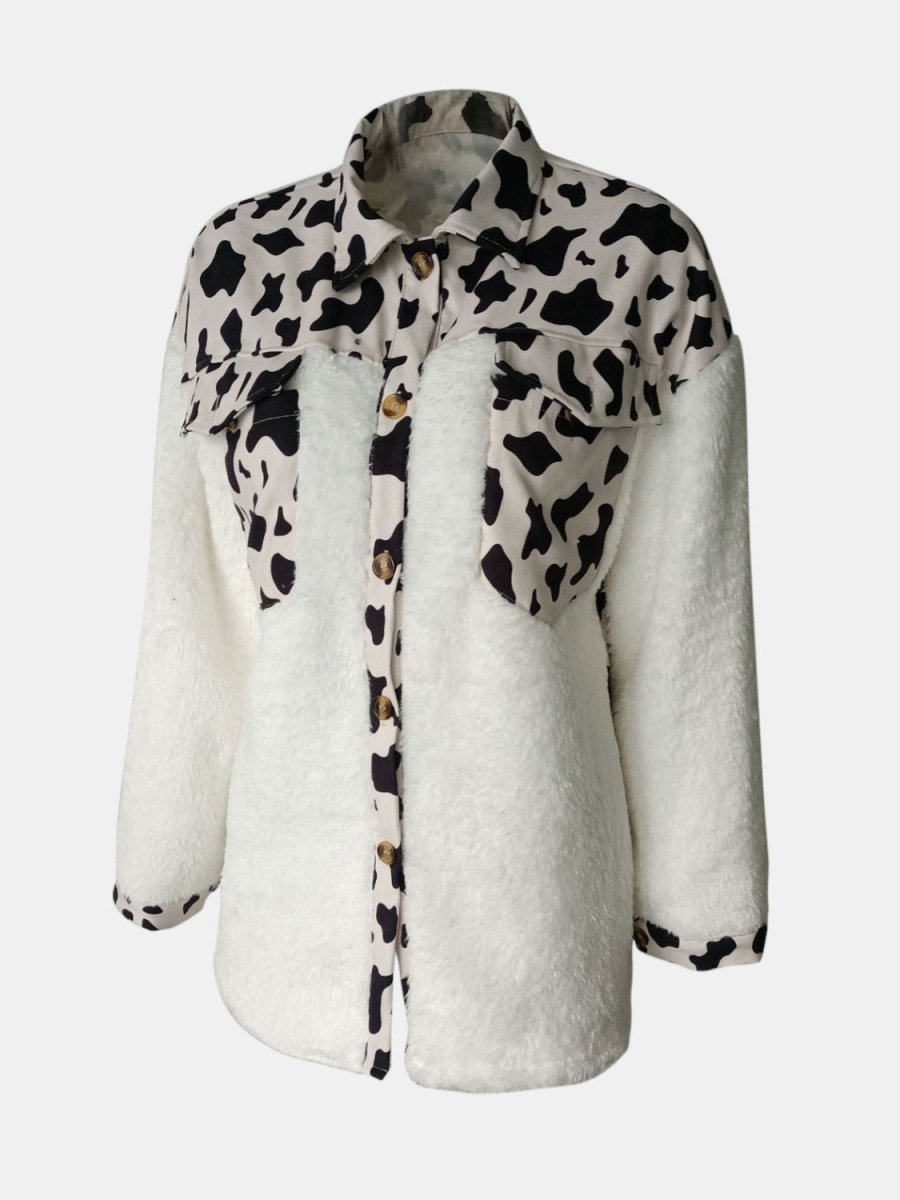 Fuzzy Button Up Long Sleeve Jacket - Outerwear
