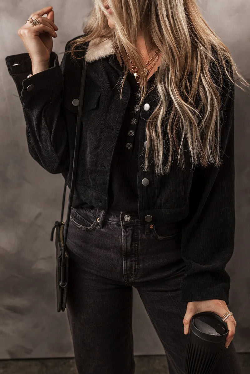 Fuzzy Collared Neck Button Down Jacket - Outerwear