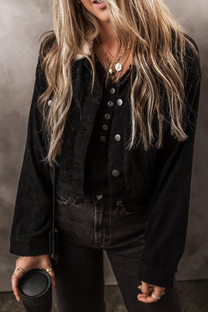 Fuzzy Collared Neck Button Down Jacket - Outerwear