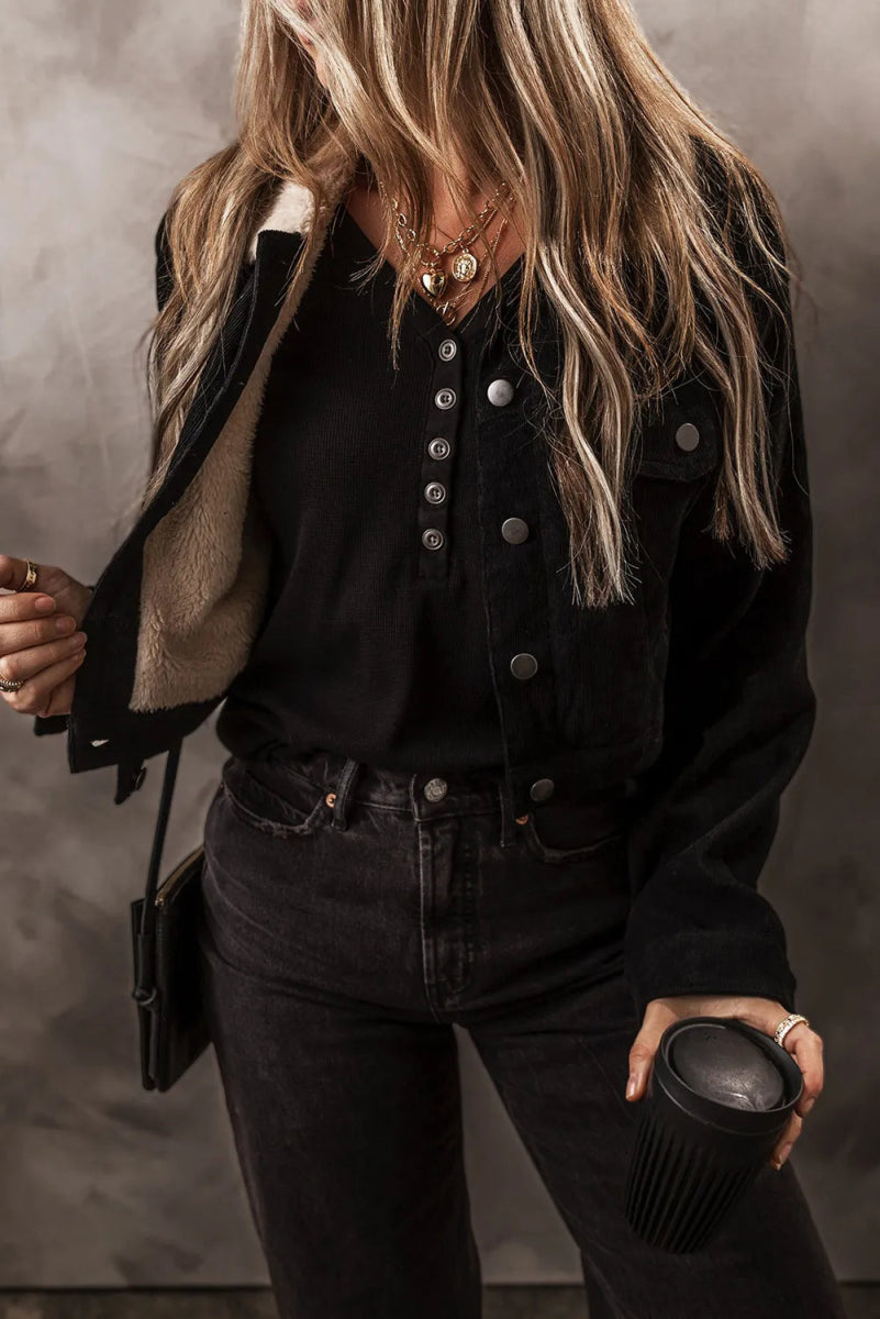 Fuzzy Collared Neck Button Down Jacket - Outerwear