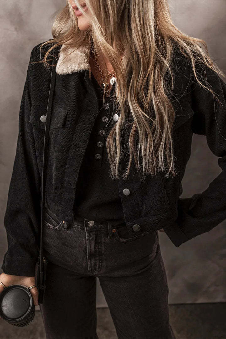 Fuzzy Collared Neck Button Down Jacket - Outerwear