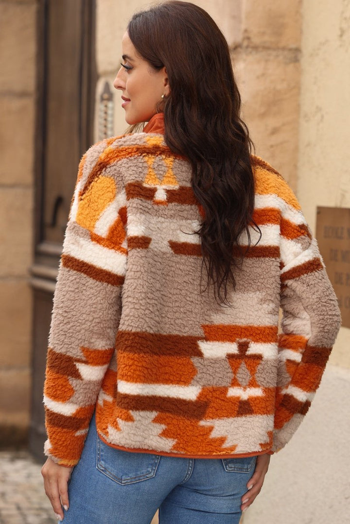Fuzzy Contrast Snap Down Long Sleeve Jacket - Outerwear