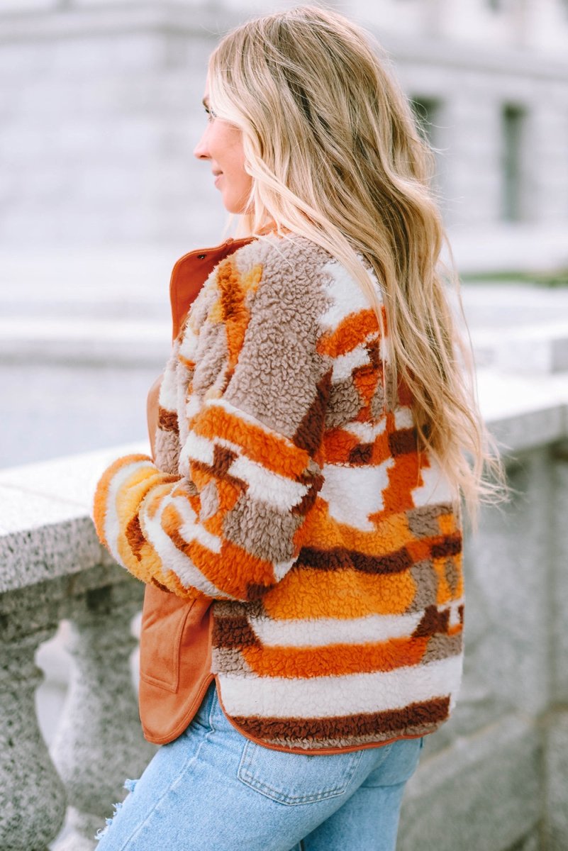 Fuzzy Contrast Snap Down Long Sleeve Jacket - Outerwear