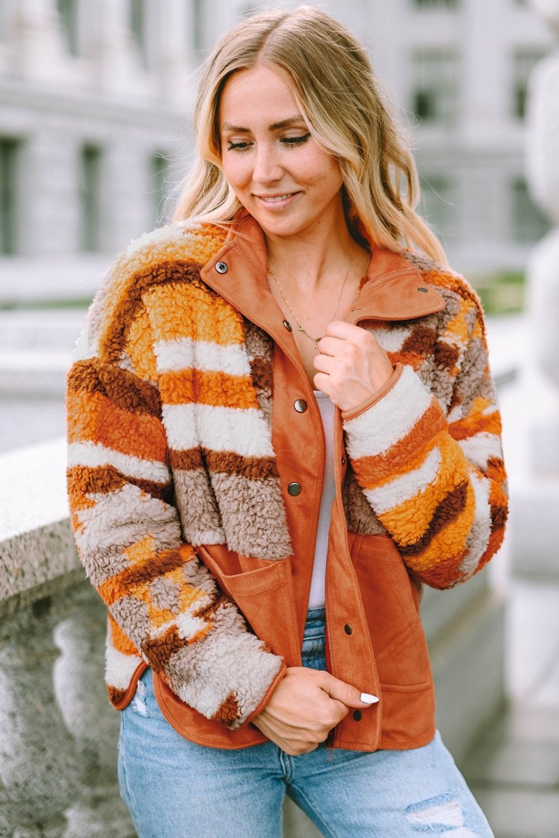 Fuzzy Contrast Snap Down Long Sleeve Jacket - Outerwear
