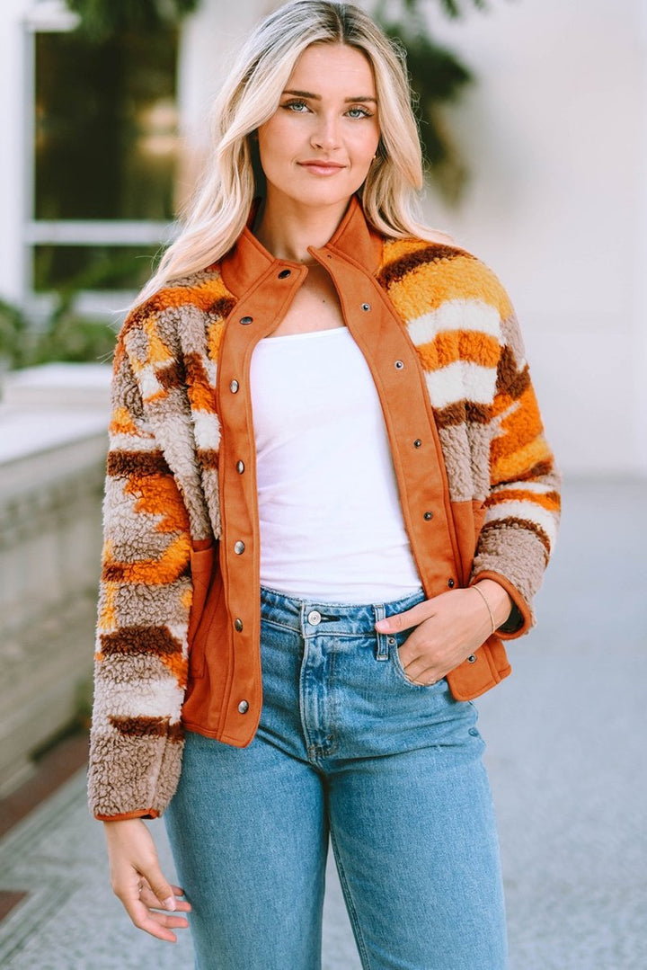 Fuzzy Contrast Snap Down Long Sleeve Jacket - Outerwear
