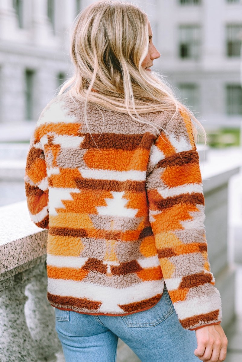 Fuzzy Contrast Snap Down Long Sleeve Jacket - Outerwear