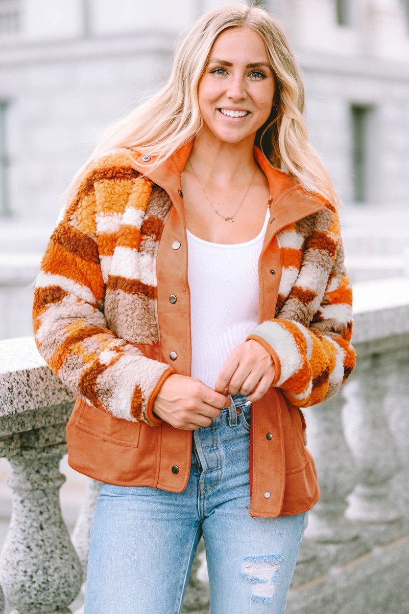 Fuzzy Contrast Snap Down Long Sleeve Jacket - Outerwear