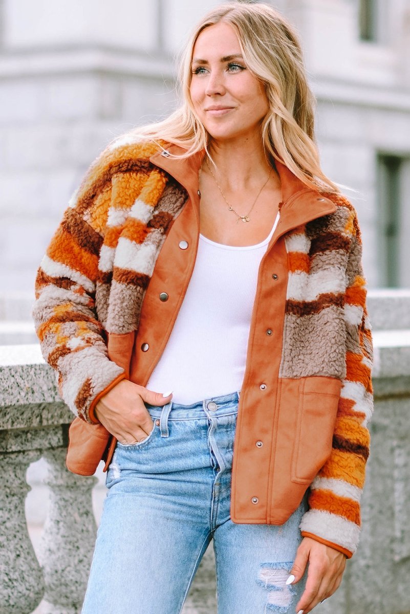 Fuzzy Contrast Snap Down Long Sleeve Jacket - Outerwear