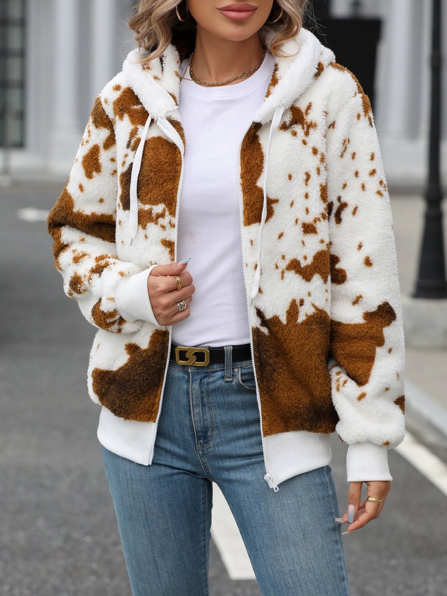 Fuzzy Drawstring Zip Up Hooded Jacket - Outerwear