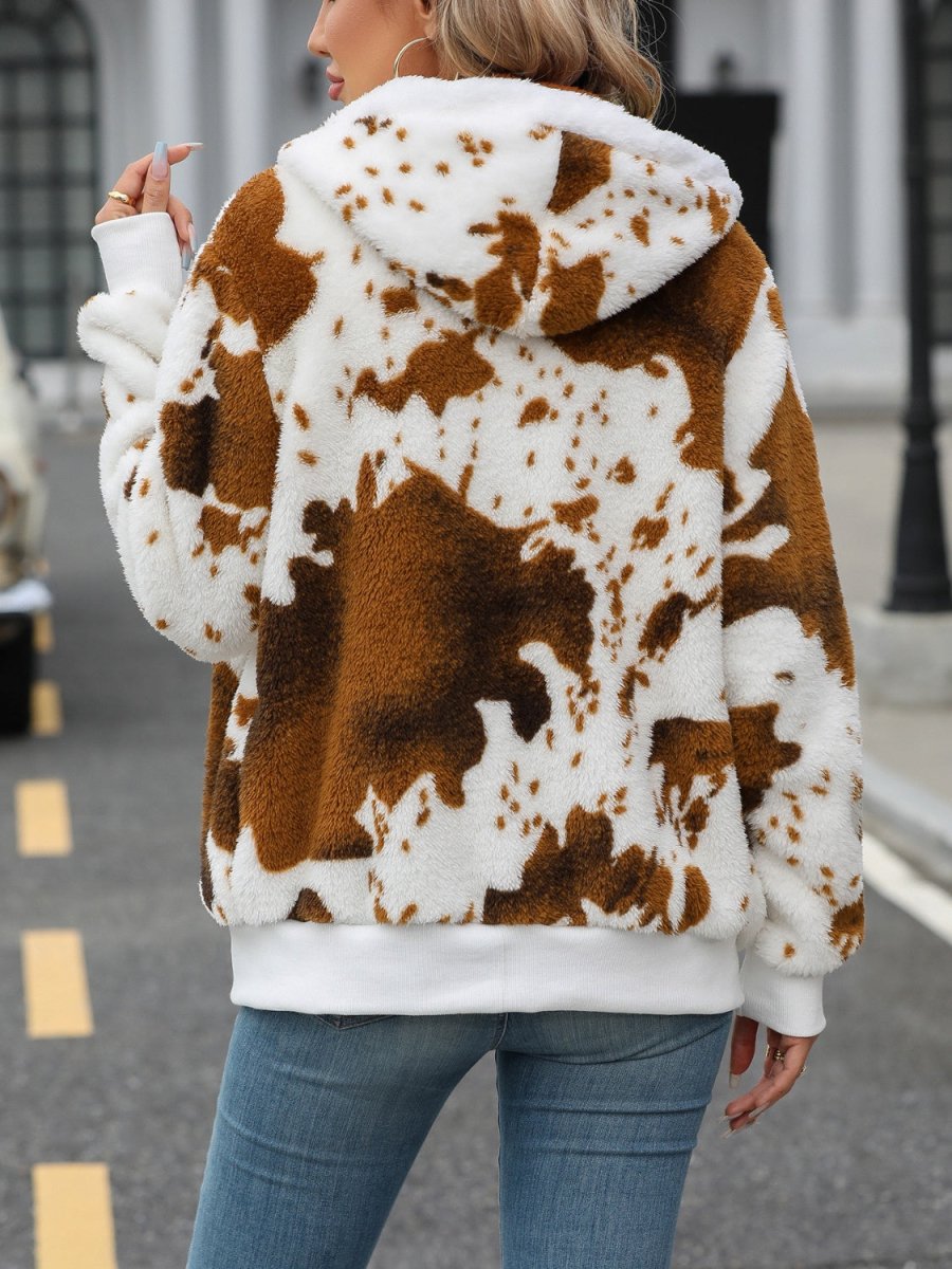 Fuzzy Drawstring Zip Up Hooded Jacket - Outerwear