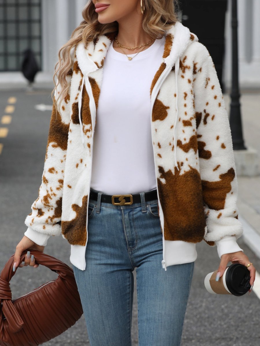Fuzzy Drawstring Zip Up Hooded Jacket - Outerwear