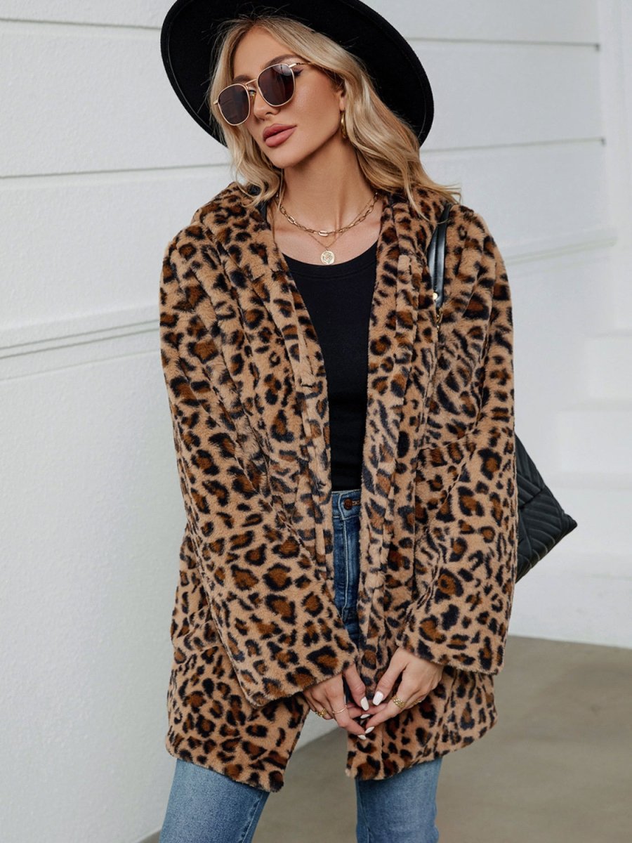 Fuzzy Leopard Hooded Long Sleeve Jacket - Outerwear