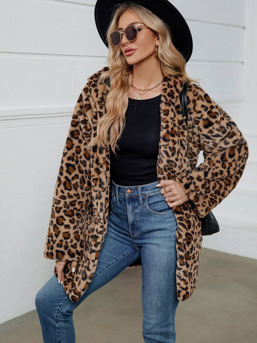 Fuzzy Leopard Hooded Long Sleeve Jacket - Outerwear