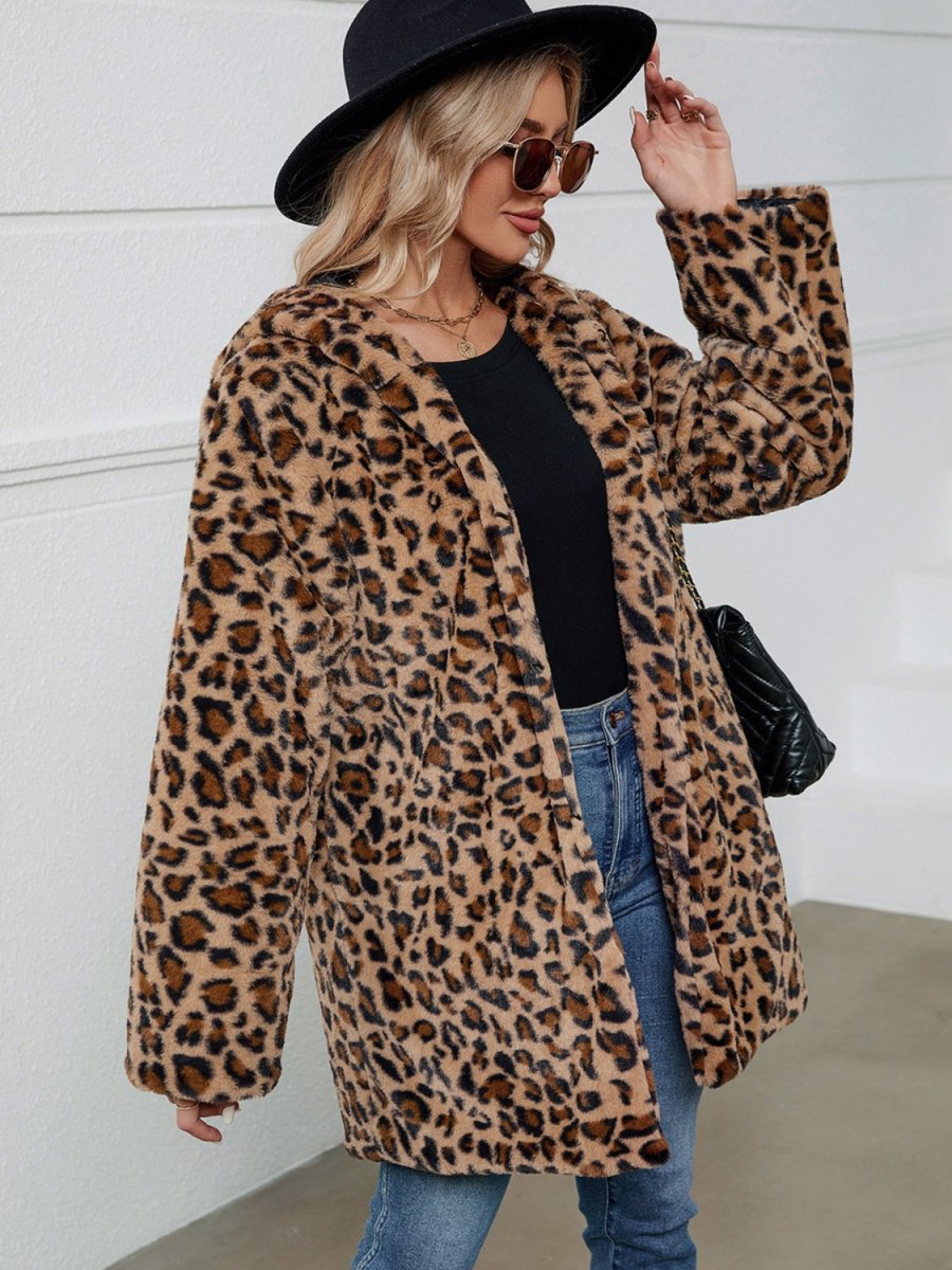 Fuzzy Leopard Hooded Long Sleeve Jacket - Outerwear