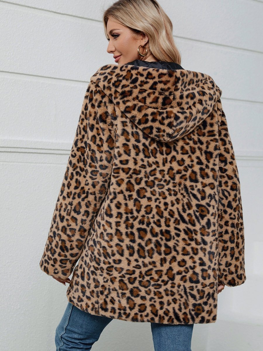 Fuzzy Leopard Hooded Long Sleeve Jacket - Outerwear
