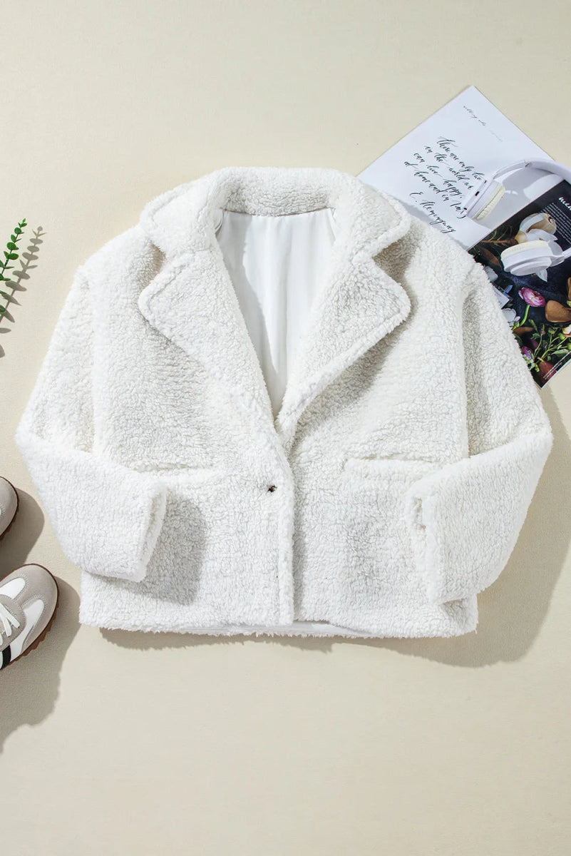 Fuzzy One Button Long Sleeve Jacket - Outerwear