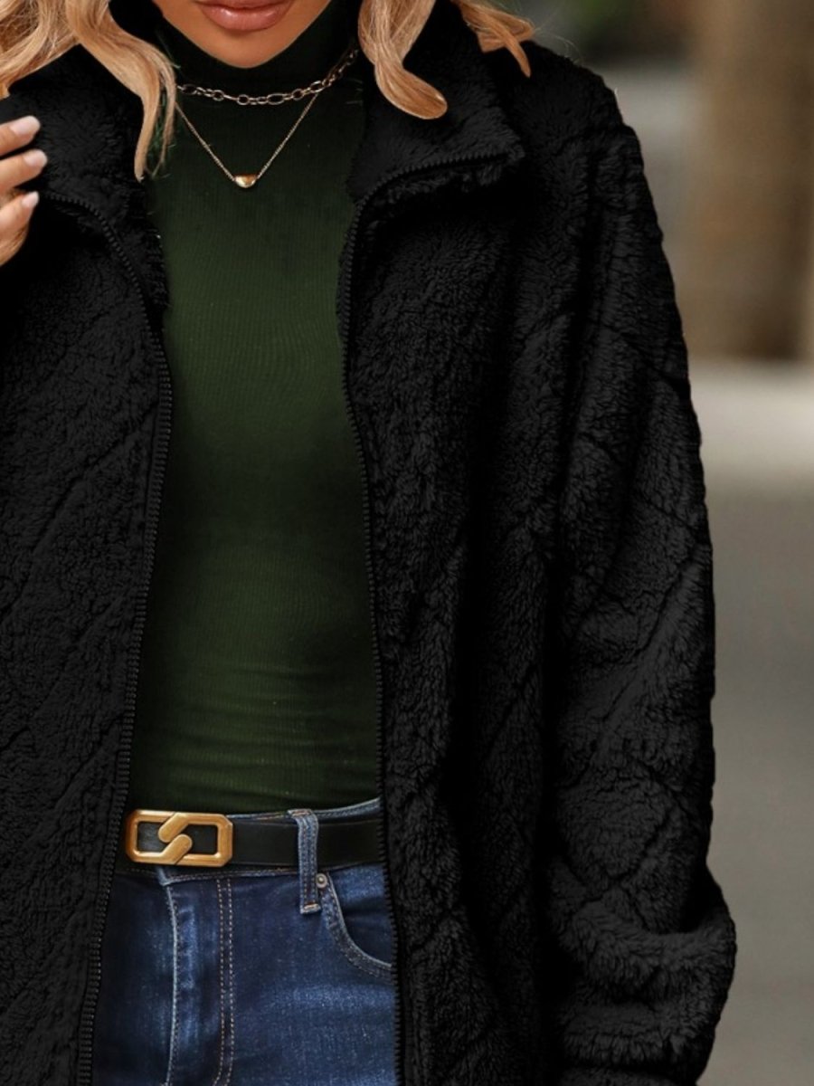 Fuzzy Pocketed Zip Up Jacket - Outerwear