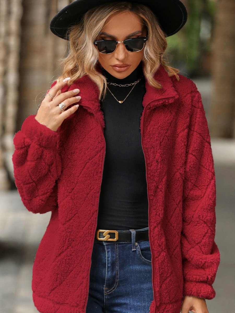 Fuzzy Pocketed Zip Up Jacket - Outerwear