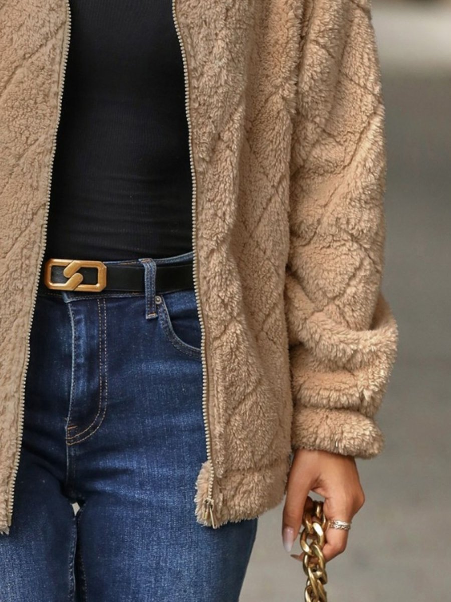 Fuzzy Pocketed Zip Up Jacket - Outerwear