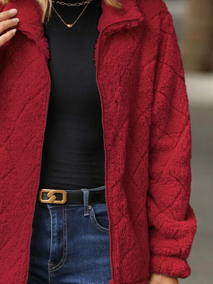 Fuzzy Pocketed Zip Up Jacket - Outerwear