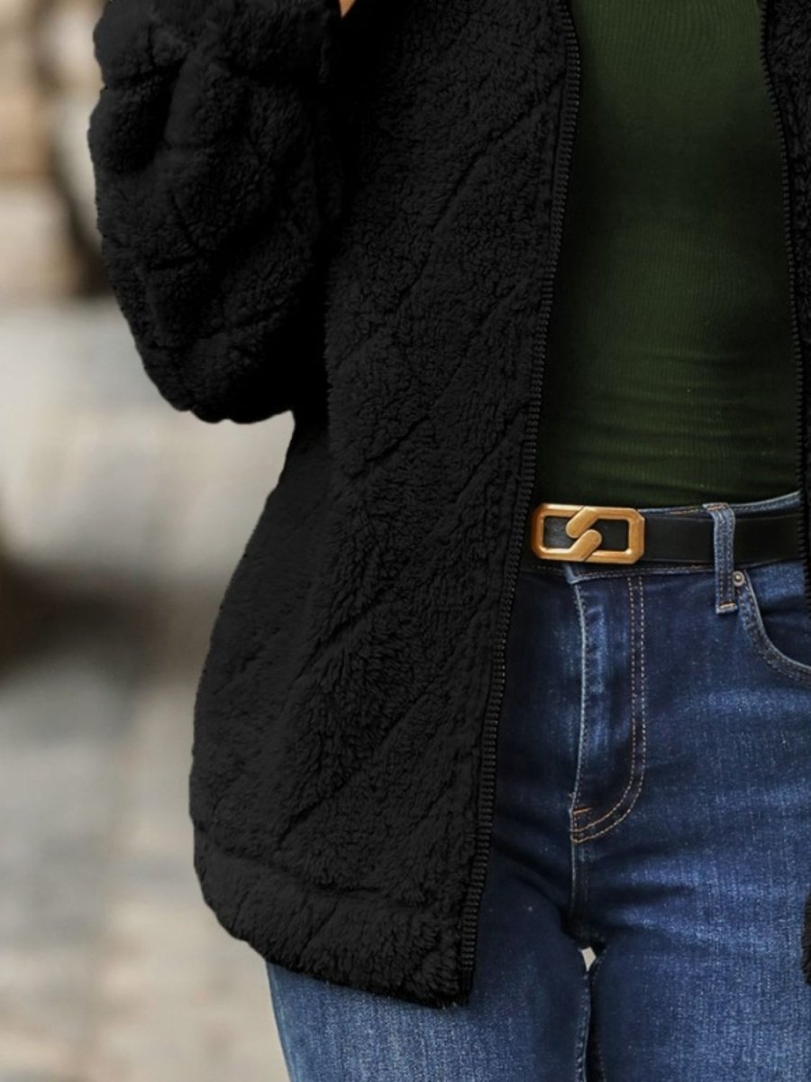 Fuzzy Pocketed Zip Up Jacket - Outerwear