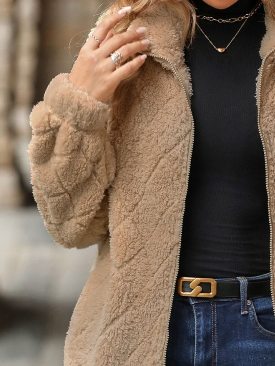 Fuzzy Pocketed Zip Up Jacket - Outerwear