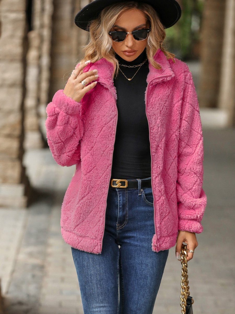 Fuzzy Pocketed Zip Up Jacket - Outerwear