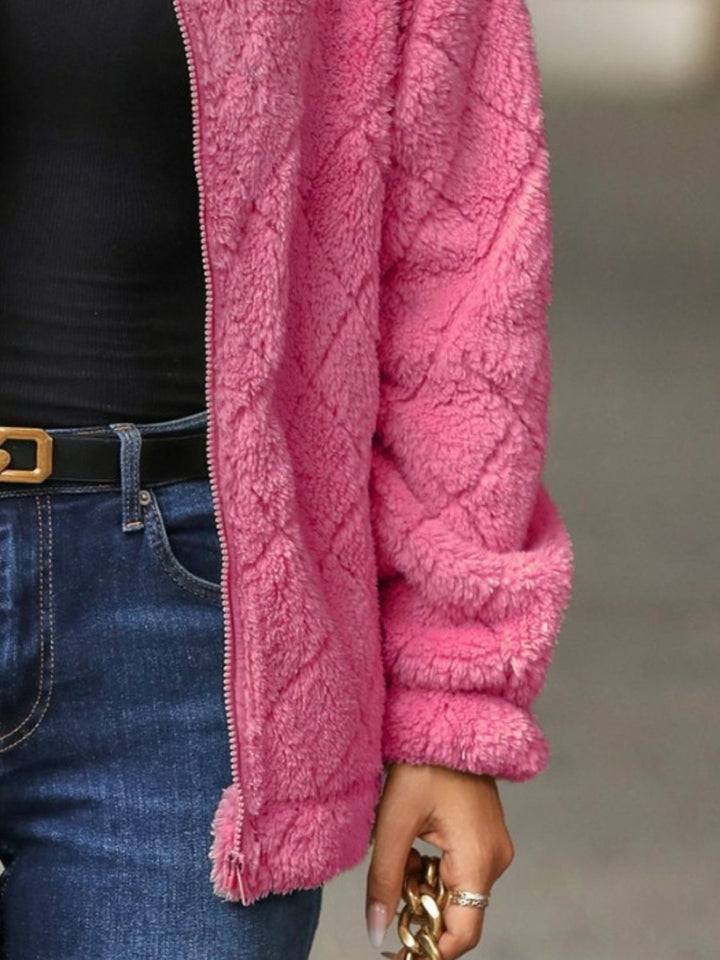 Fuzzy Pocketed Zip Up Jacket - Outerwear
