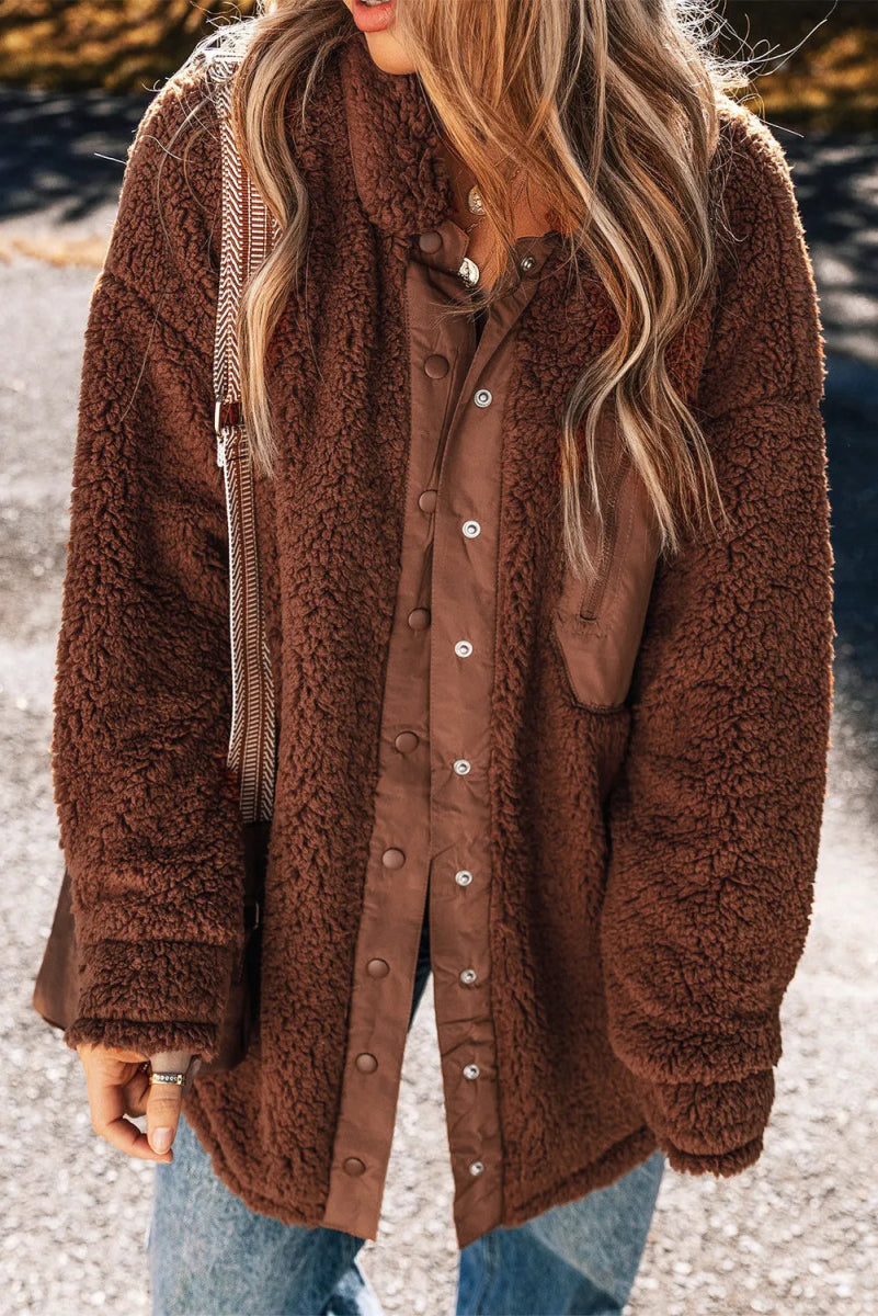 Fuzzy Snap Down Dropped Shoulder Jacket - Outerwear