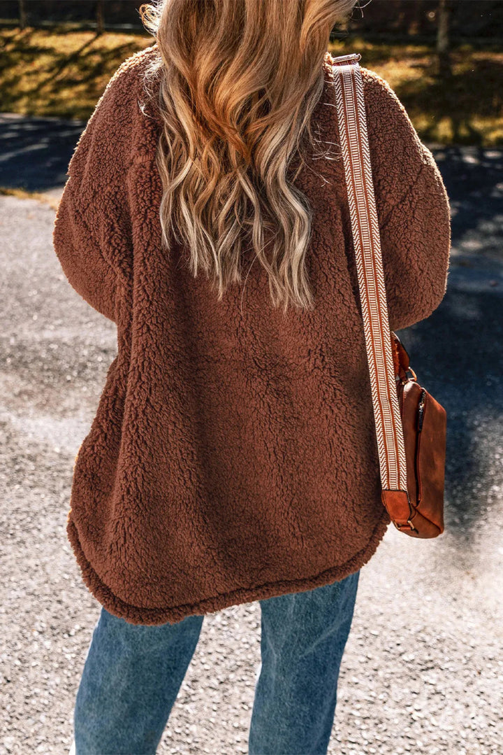 Fuzzy Snap Down Dropped Shoulder Jacket - Outerwear