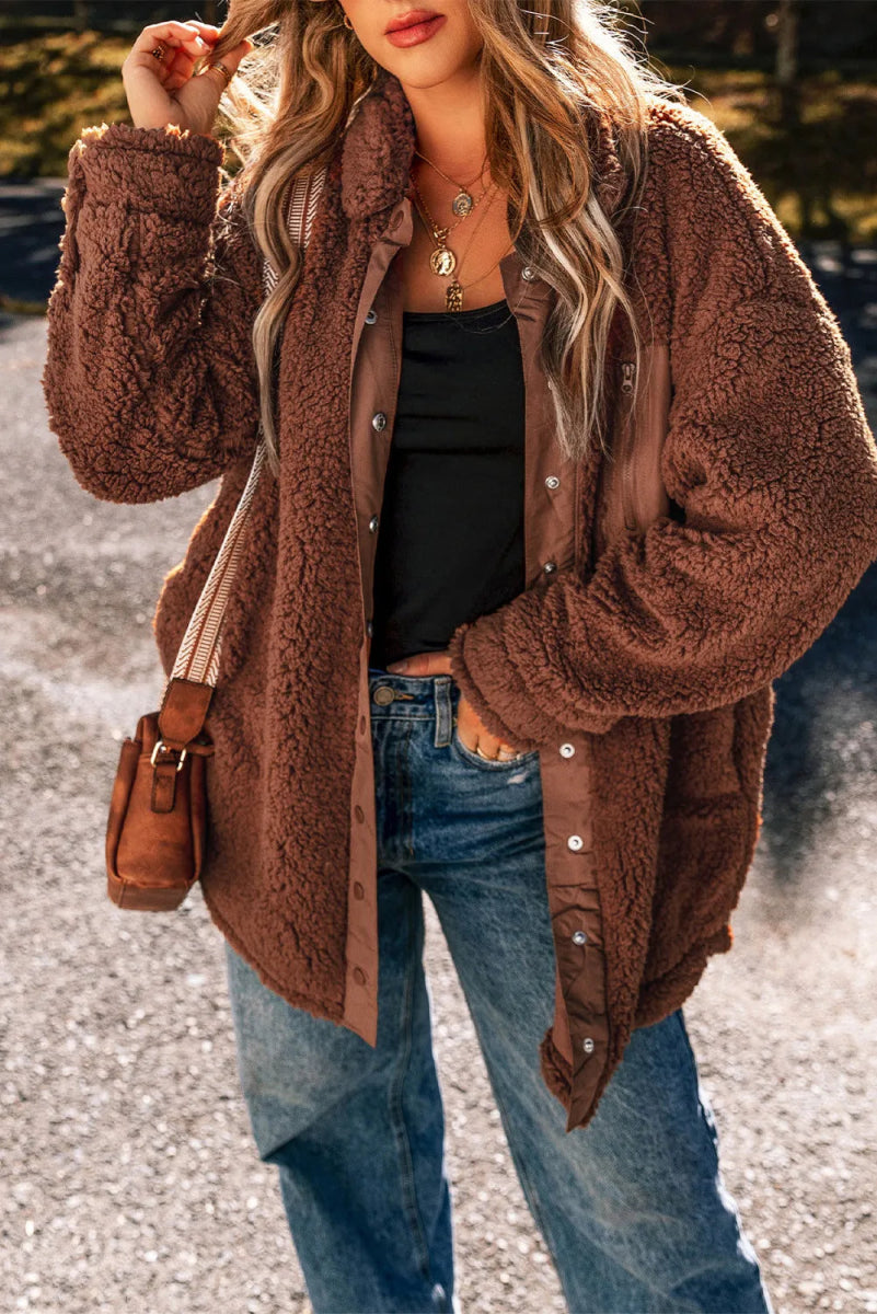 Fuzzy Snap Down Dropped Shoulder Jacket - Outerwear