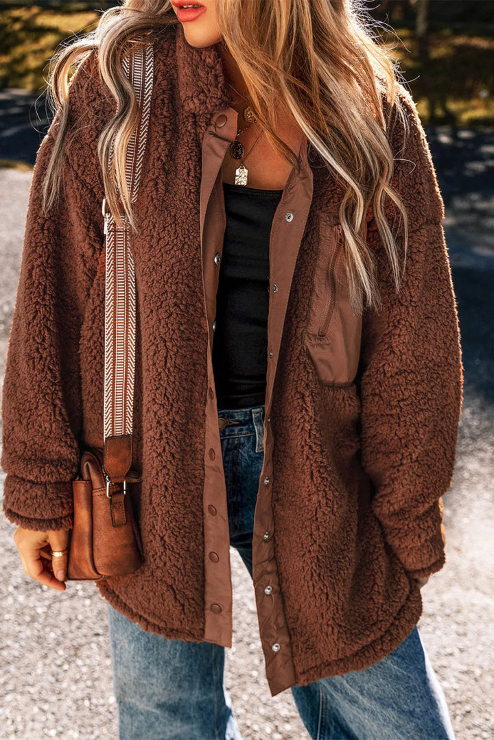 Fuzzy Snap Down Dropped Shoulder Jacket - Outerwear