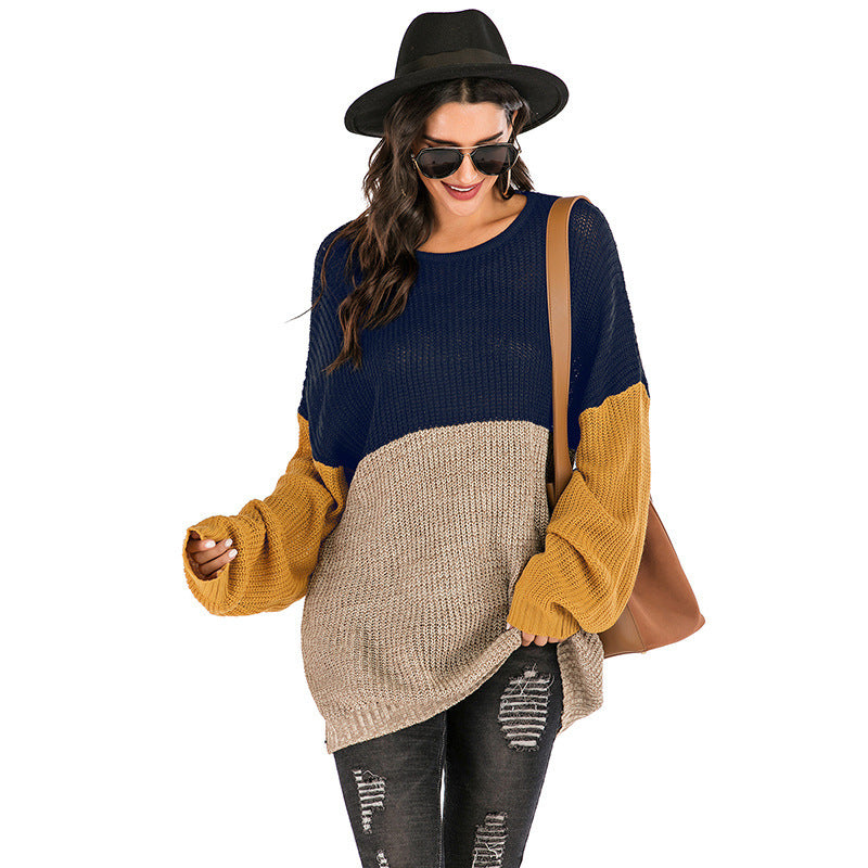 women's contrast color loose long sleeve knitted mid-length sweater