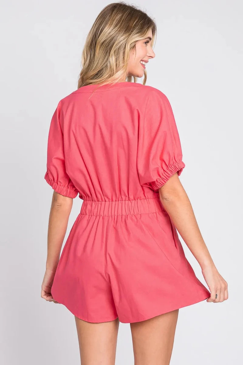 GeeGee Half Button V - Neck Linen Romper - 