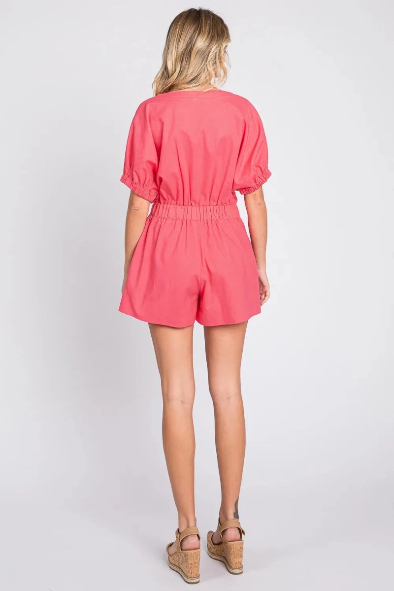 GeeGee Half Button V - Neck Linen Romper - 