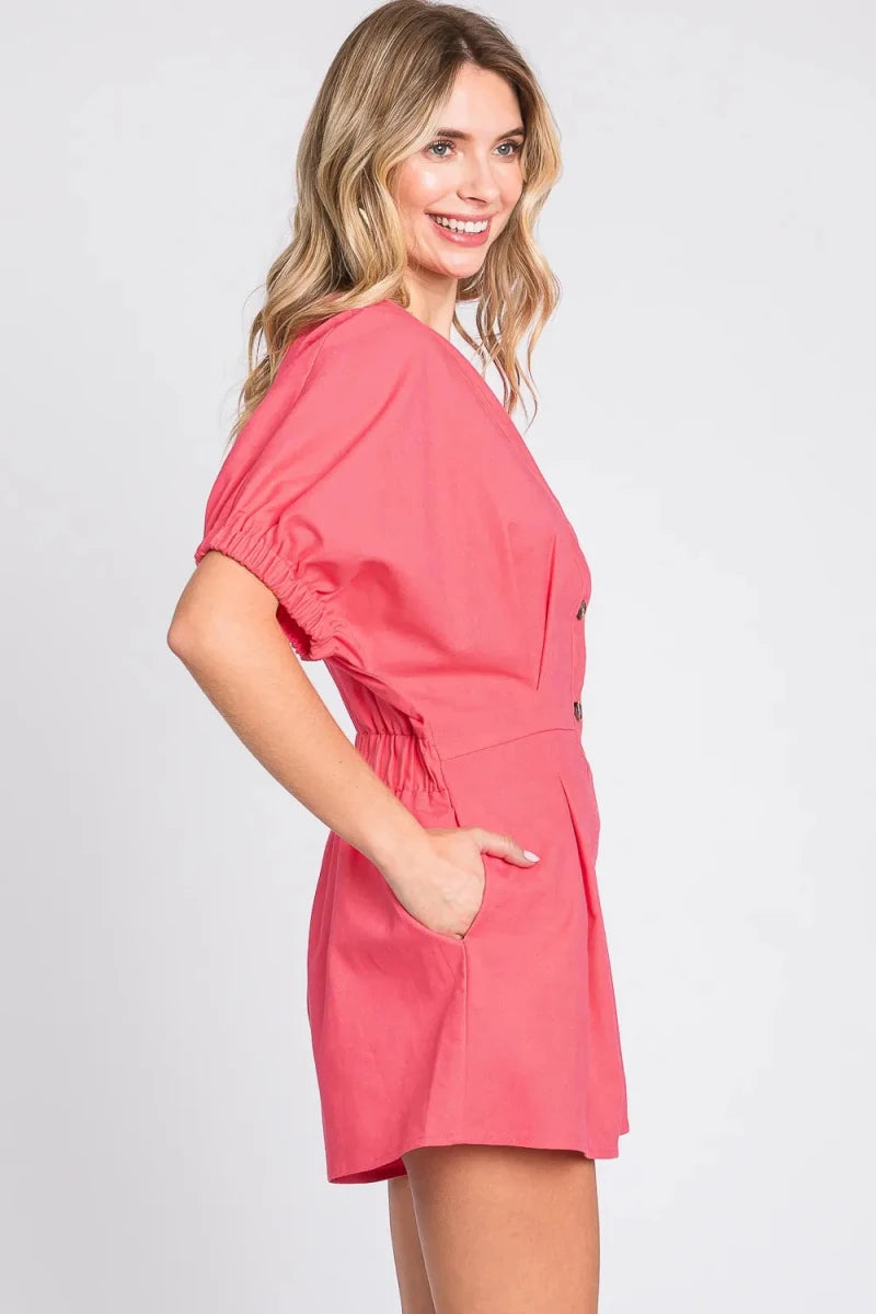 GeeGee Half Button V - Neck Linen Romper - 