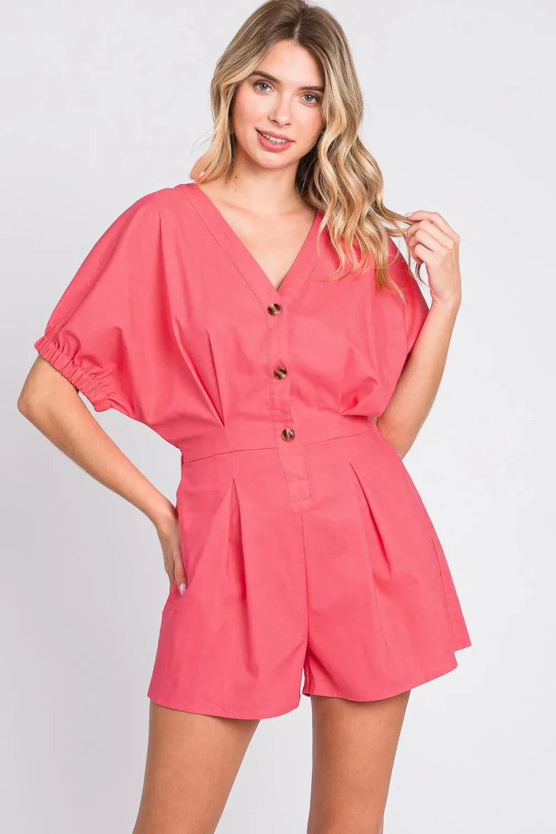 GeeGee Half Button V - Neck Linen Romper - 