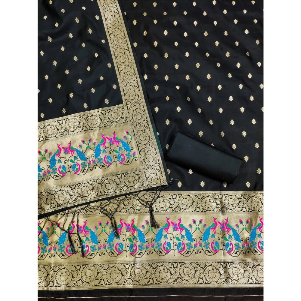 Generic Women's Banarasi Silk Printed Unstitched Salwar Suit Material With Dupatta (Black, 3Mtrs) - Salwar Suit - Material