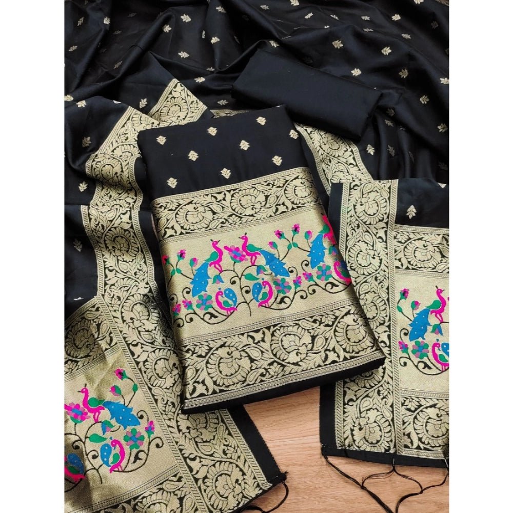Generic Women's Banarasi Silk Printed Unstitched Salwar Suit Material With Dupatta (Black, 3Mtrs) - Salwar Suit - Material