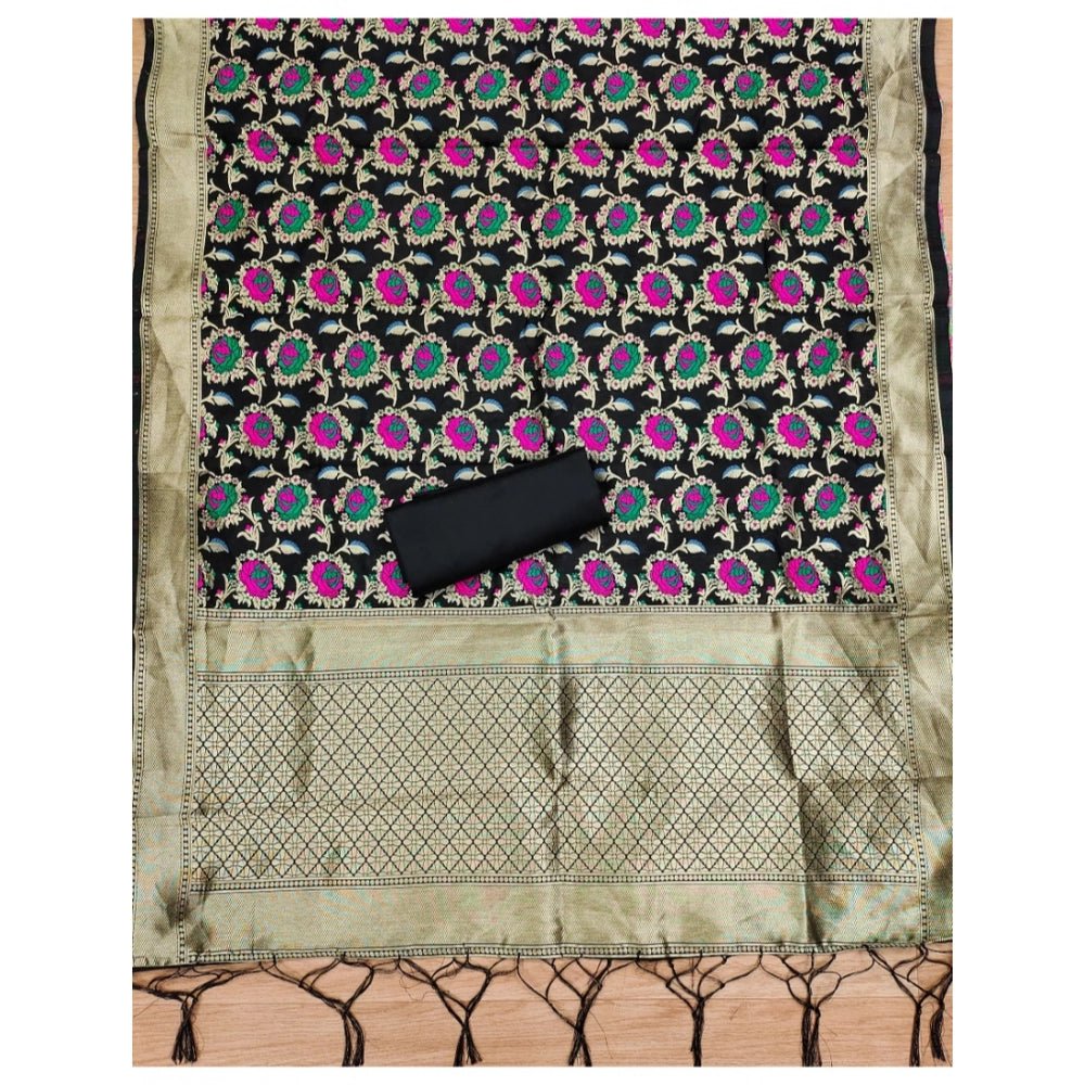Generic Women's Banarasi Silk Printed Unstitched Salwar Suit Material With Dupatta (Black, 3Mtrs) - Salwar Suit - Material