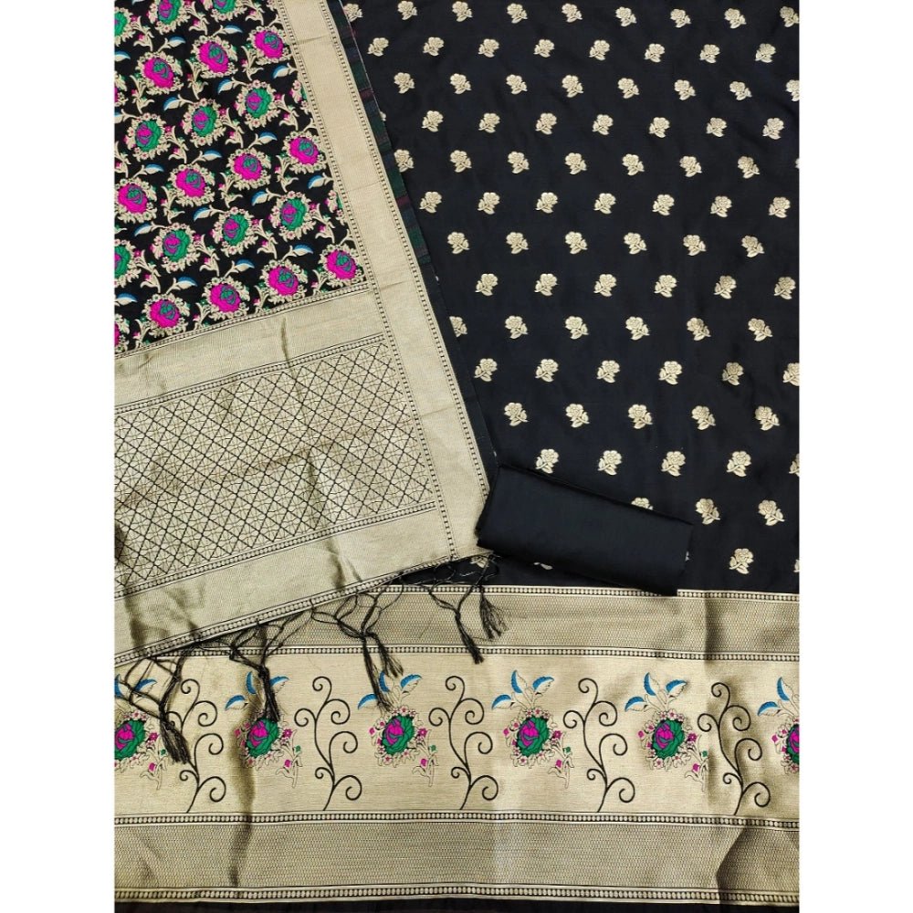 Generic Women's Banarasi Silk Printed Unstitched Salwar Suit Material With Dupatta (Black, 3Mtrs) - Salwar Suit - Material
