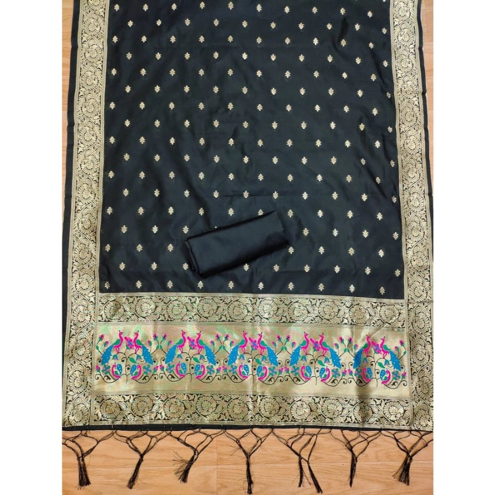 Generic Women's Banarasi Silk Printed Unstitched Salwar Suit Material With Dupatta (Black, 3Mtrs) - Salwar Suit - Material