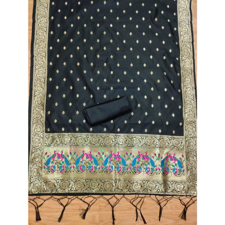 Generic Women's Banarasi Silk Printed Unstitched Salwar Suit Material With Dupatta (Black, 3Mtrs) - Salwar Suit - Material