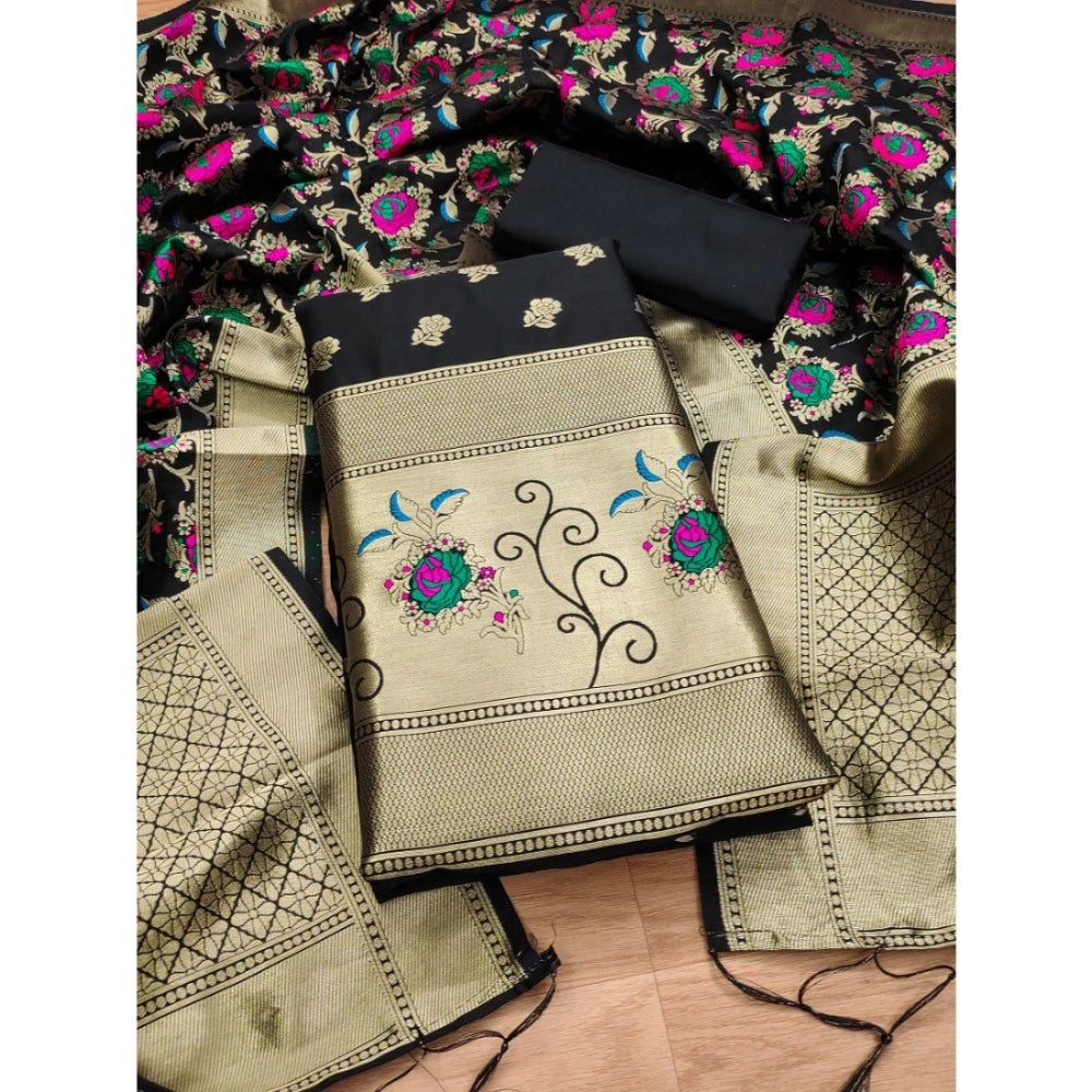 Generic Women's Banarasi Silk Printed Unstitched Salwar Suit Material With Dupatta (Black, 3Mtrs) - Salwar Suit - Material